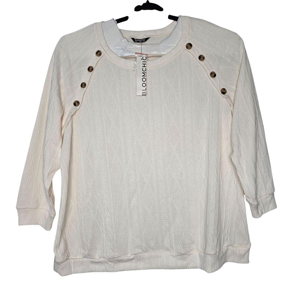 BLOOMCHIC Sweater Womens Plus Size 26 White Cable Knit Button Raglan 3/4 Sleeve